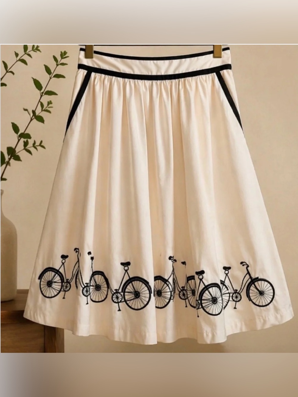 Anthropologie Cream A-Line Skirt with Black Bicycle Trim